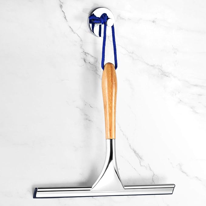 ToiletTree Products All Purpose Bamboo Stainless Steel Squeegee - Rust Proof Deluxe Squeegee with Hanging Hook – Hand Wiper for Shower Doors, Bathroom, Car Window & Kitchen (Bamboo)