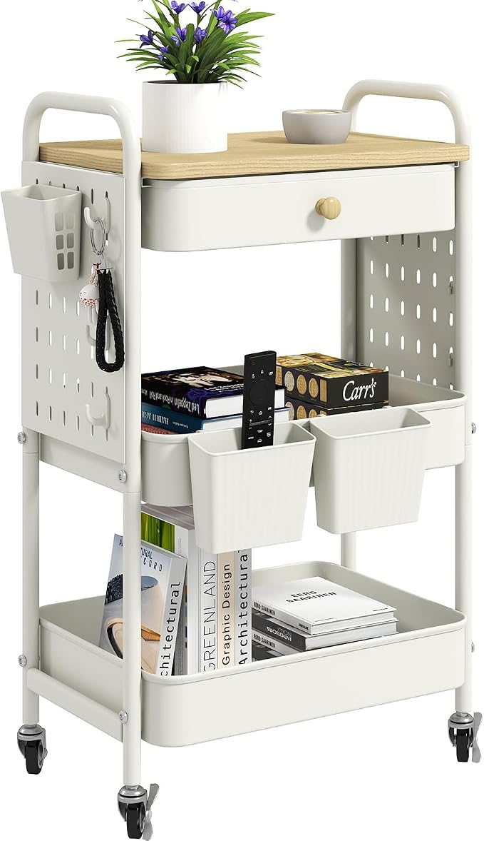 danpinera Rolling Utility Cart with Drawer, 3 Tier Rolling Cart with Wheels, Hooks & Hanging Cups, Craft Cart Art Cart Snack Cart Rolling Storage Cart with Wooden Table Top & DIY Pegboards, White