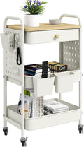 danpinera Rolling Utility Cart with Drawer, 3 Tier Rolling Cart with Wheels, Hooks & Hanging Cups, Craft Cart Art Cart Snack Cart Rolling Storage Cart with Wooden Table Top & DIY Pegboards, White