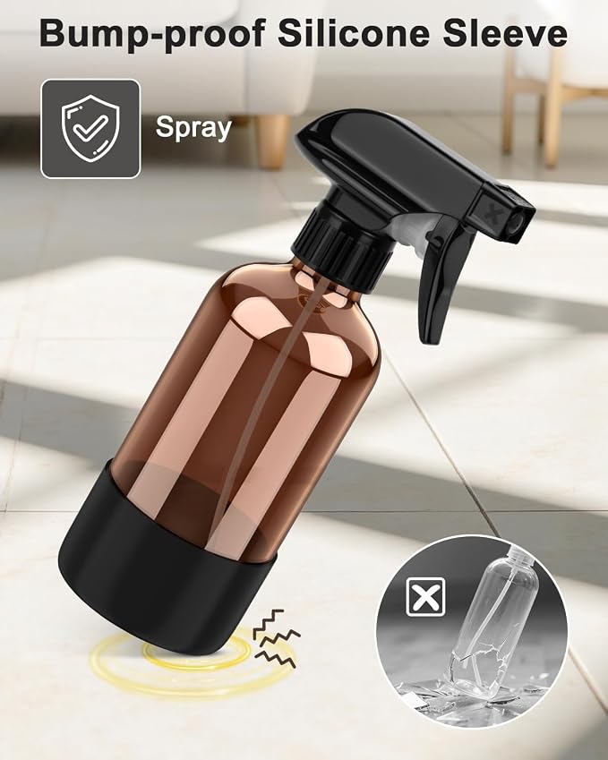Bontip Amber Glass Spray Bottle with Silicone Sleeve Protection, 8 oz Refillable Spray Bottles for Cleaning Solutions, Plants, Aromatherapy, Facial Hydration (1, Black, 8 oz)