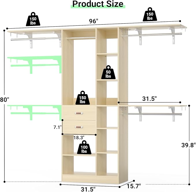 Armocity 8FT Heavy Duty Wood Closet System, 1500 LBS+ Capacity Wall Mounted Walk-in Closet Organizer with 2 Drawers & 4 Hanging Rods, 96'' Custom Bedroom Storage Wardrobe, Natural