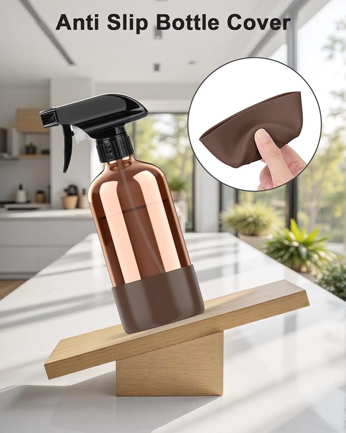 Bontip Amber Glass Spray Bottle with Silicone Sleeve Protection, 16 oz Refillable Spray Bottles for Cleaning Solutions, Plants, Aromatherapy, Facial Hydration (3, Brown, 16 oz)