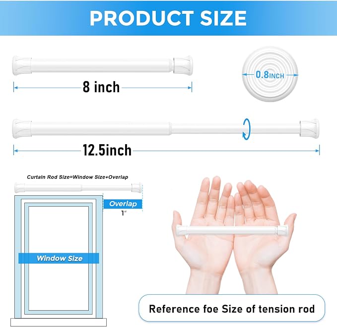 6 Pack Spring Tension Curtain Rod 8 to 12.5 Inch, DIY Mini Tension Rods No Drill for Slim Window Cupboard Closet Sidelights, White