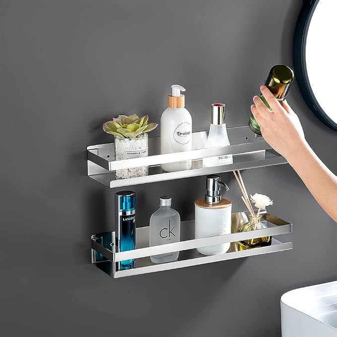 CONRUSER Wall Mounted Spice Rack, Stainless Steel Kitchen Organizer Shelves Hanging Storage Shelf Brushed Steel Seasoning Rack (30CM)