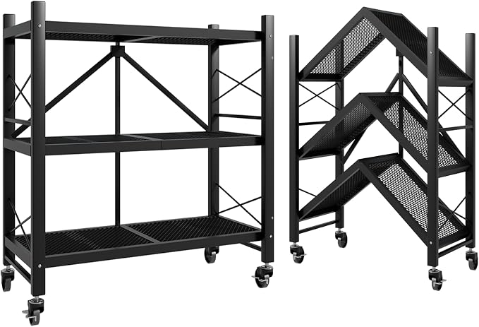 Folding Shelves with Wheels No Assembly, 3-Tier Foldable Metal Shelf Storage Rack for Kitchen, Garage, Vendor Display Events, 39" Lx13 Wx35 H