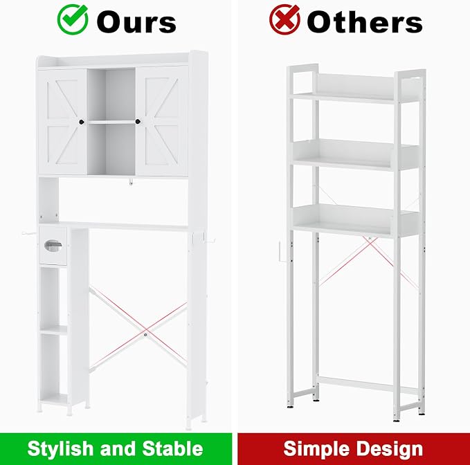 EasyCom Over The Toilet Storage Cabinet with Metal Frame and 7 Storage Shelves, Bathroom Organizer with Adjustable Shelves and Paper Holder, Farmhouse Storage Cabinet for Bathroom, Laundry, White