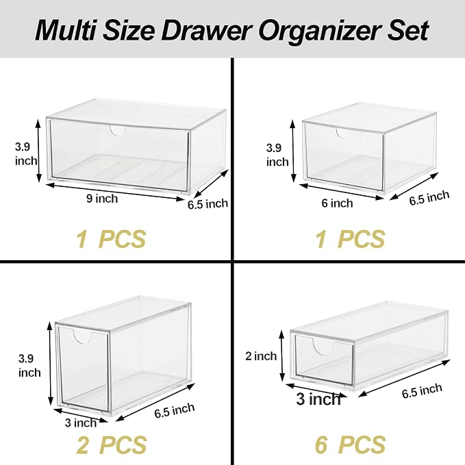Acrylic Makeup Organizer, 10 Drawers Clear Storage Organizer Desktop Stackable Storage Drawers, Plastic Organizer Bins for Makeup, Stationery, Cosmetics, Vanity, Bathroom,Cabinet,Pantry Office Desk