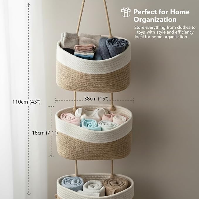 Hanging Basket, Woven 3 Tier Over Door Basket with 4 Hooks | Hanging Storage Basket for Door, Wall, Nursery, Bathroom, Bedroom, Decorative Over Door Basket Organizer for Stuffed Animals