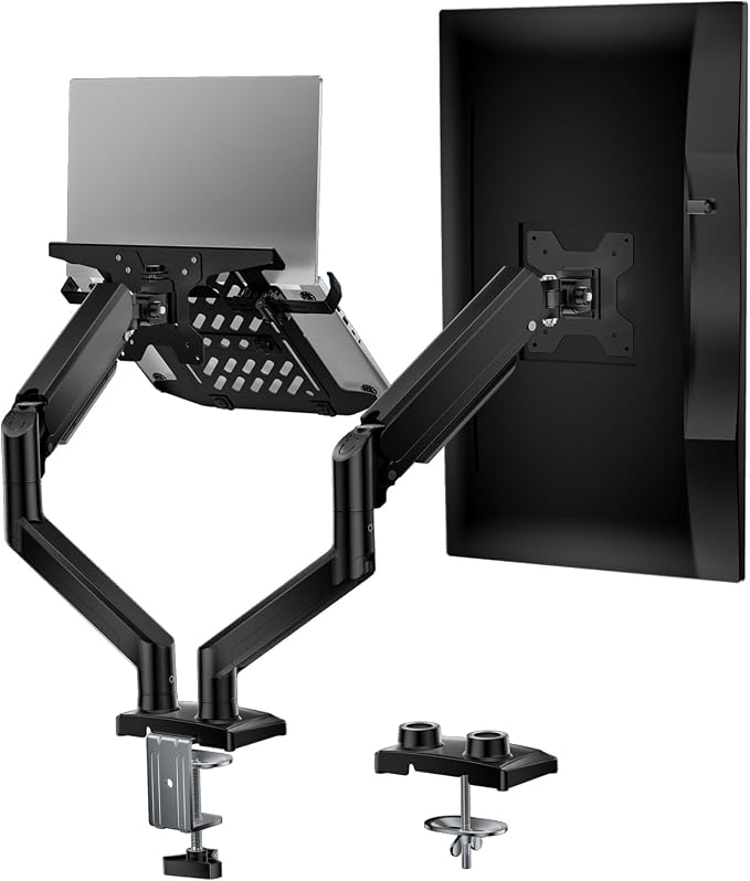 WALI Laptop Desk Mount, Dual Monitor Arm with Laptop Holder, Adjustable Height Laptop Arm Mount for Desk, Fits 17” Notebook and 32” Monitors, Up to 22Lbs (GSMP002LP), Black