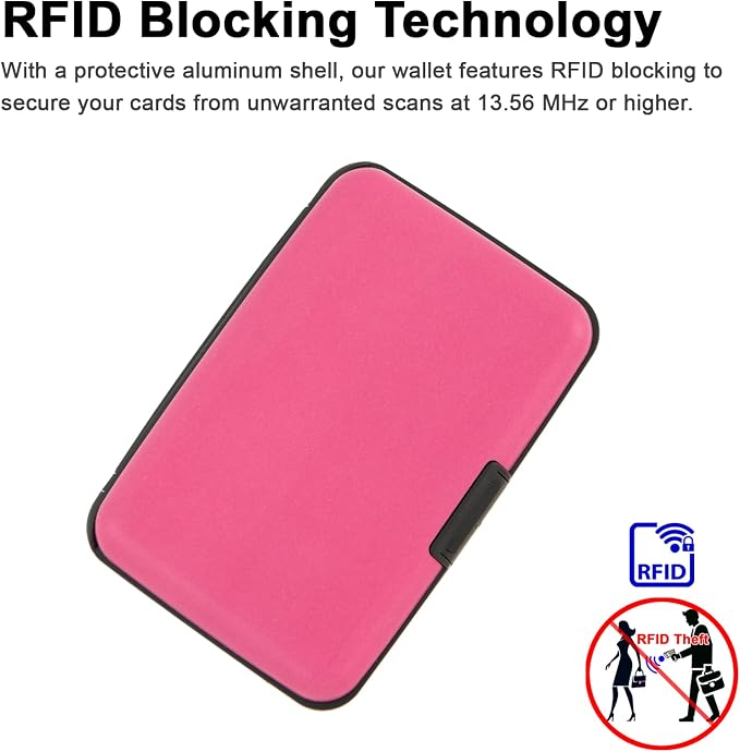 Credit Card Holder, RFID Blocking Metal Card Wallet for Women Men Slim ID Card Holders Protector Aluminum Business Hard Case (Fandango Pink)