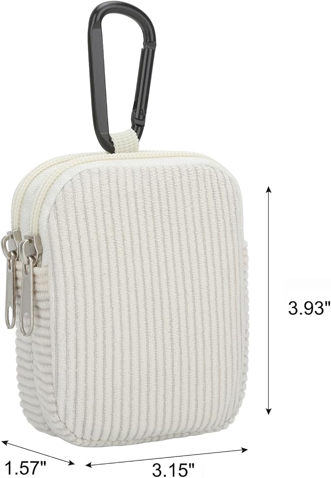 E-Tree Coin Purse with Carabiner Clip, Dual Layer Card Case Holder, Mini Pouch for AirPod Earphone Keychain USB Cable,Wallet, Small Accessories Organizer Bag for Women and Men (White Corduroy)