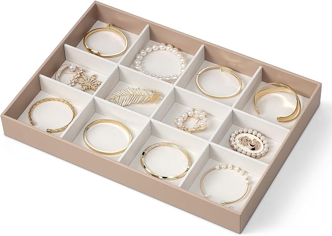 VLANDO Stackable Jewelry Tray, Drawer Organizer for Bracelets,Toffee | Wide Sections, Soft Velvet Lining, Dresser Display for Bangles, Watches, Bracelets, Gift for Women Girl