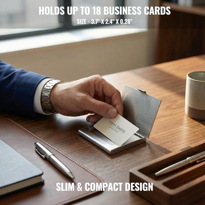 Business Card Holder, for Men and Women, Slim Minimalist Design Case, Stainless Steel Metal, Fits 18 Business Cards in Pocket
