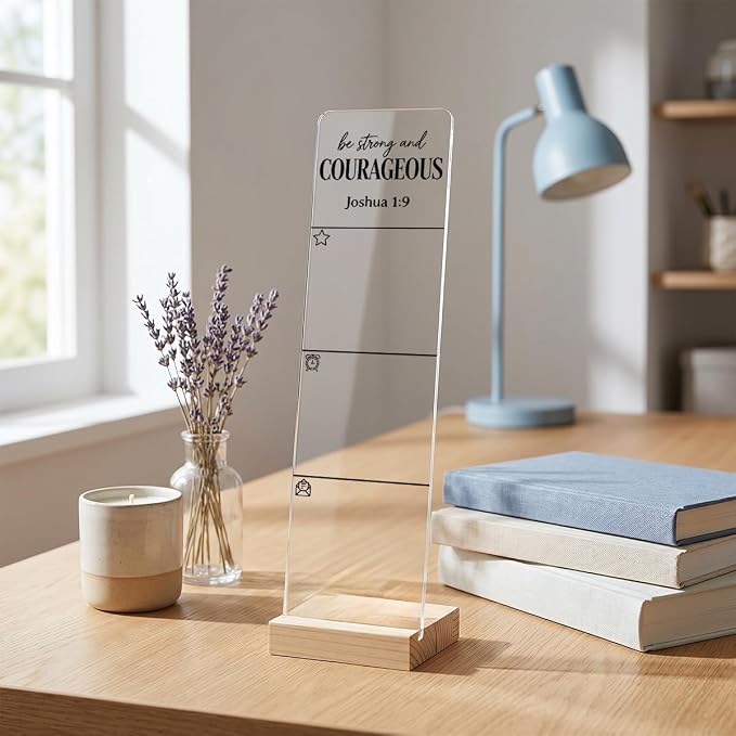 Sticky Note Holder, Monitor Memo Board, Sticky Note Board for Desk, Acrylic Desk Buddy with Wooden Base, Includes 200 Notes, Religious “Be Strong and Courageous Joshua 1:9”