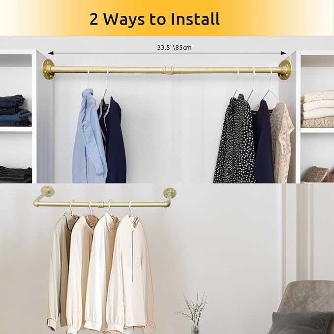 Oroonoko 2 Packs Gold Industrial Pipe Clothes Rack,36 inch Pipe Garment Rack Hanging Rod Bar for Closet Storage,Laundry Room Up to Max Load 135lbs