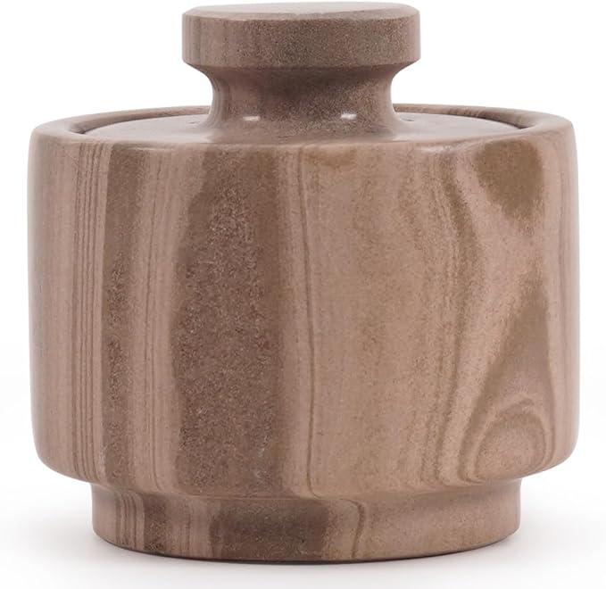 MARBLOUS KRAFTS Marble Salt Cellar 3 Inch Brown Salt Holder With Lid for Spice Jar & Stone Salt Container, Modern Sugar Bowl, Countertop Storage