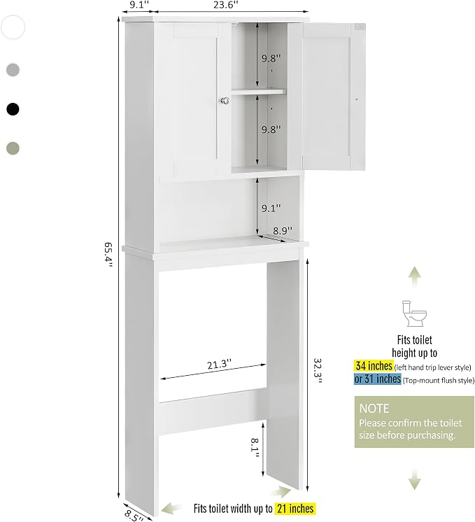 Over the Toilet Storage Cabinet, Bathroom Storage Cabinet White Organizer Over Toilet, Bathroom Space Saver with Adjustable Shelf, White