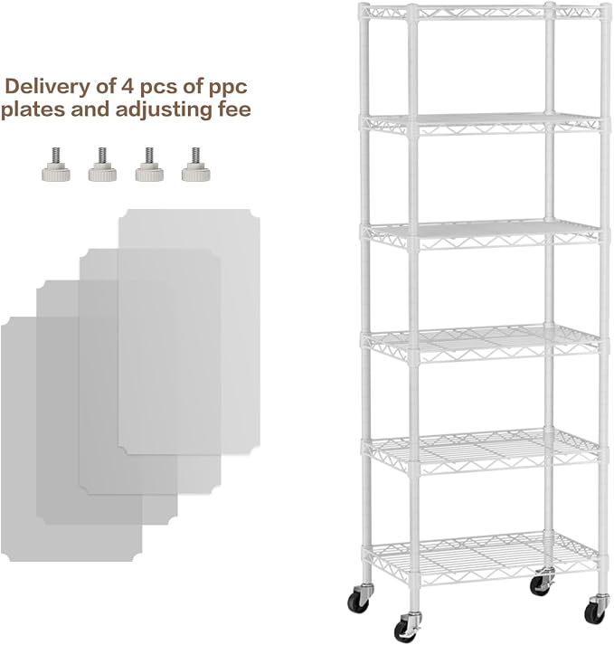 Golpart Small Shelves Storage Wire Metal Adjustable Shelf Unit with Wheels | 6 tier Shelving Organizers Storage Shelving for Bathroom Laundry Room Kitchen Pantry 11.7”D x 17.7”W x 61.6”H White