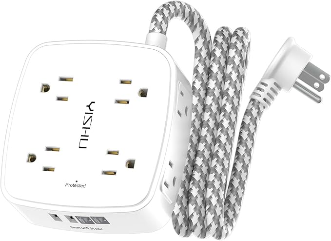 Surge Protector Power Strip - YISHU 8 Outlets with 4 USB (2 USB C) Charging Ports, 5Ft Braided Extension Cord, Flat Plug Multi Plug Outlet Extender Charging Station for Home Office, ETL, White