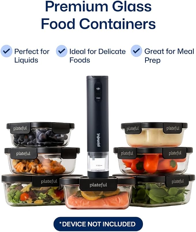 Plateful Glass Vacuum Seal Containers For Food Storage (3-pack) - Reusable Sealed Vacuum Container, Borosilicate Glass to Keep Food Fresh Longer, Works For Meal Prep