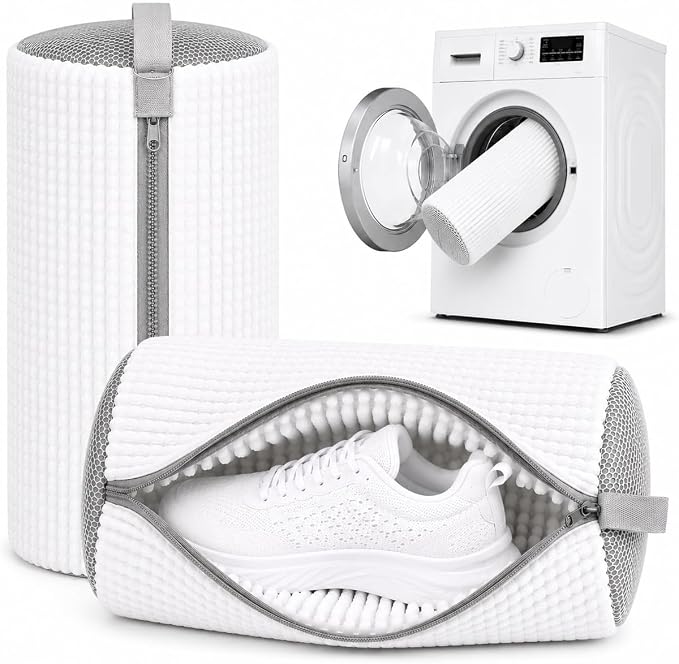 2 Pack Shoe Washing Machine Bag, Laundry Shoe Bag for Washer and Dryer, Reusable Shoe Cleaning Bag for Sneakers and All Shoes Types with Self-Locking Zipper(Pure White)