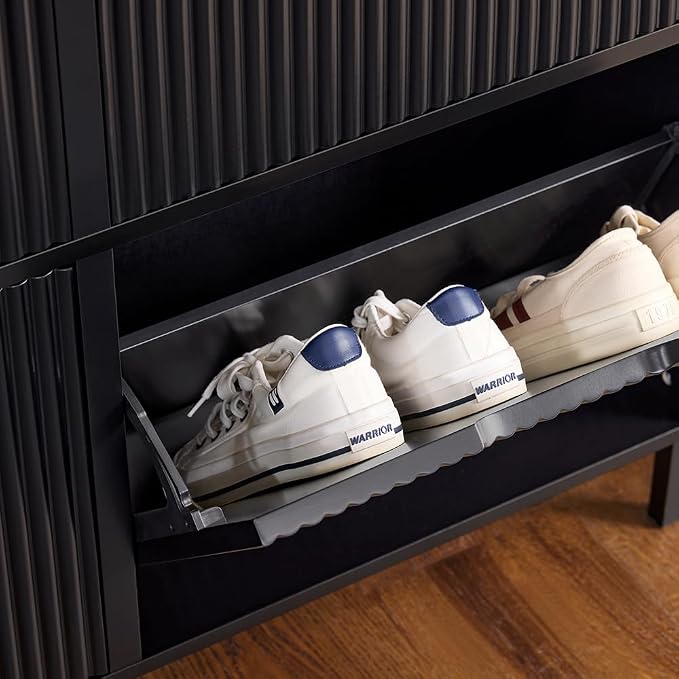 SoBuy Shoe Storage Cabinet for Entryway | Freestanding Shoe Organizer Cabinet, Narrow Slim Hidden Shoe Rack, FSR177 (Black, 4-Drawers)