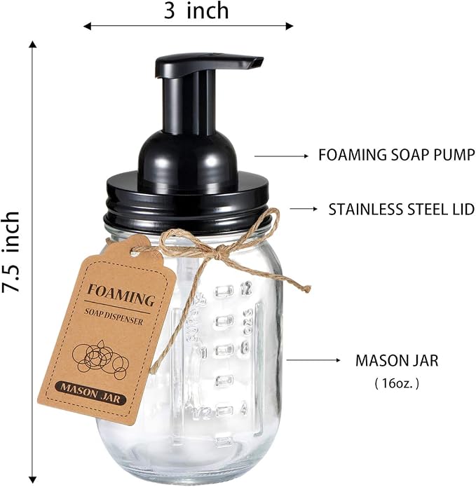 SheeChung Mason Jar Foaming Soap Dispenser-Rustproof Stainless Steel Lid & Foaming Soap Pump, Refill Foam Hand Soap Dispenser Glass for Bathroom Kitchen Vanities, Countertops-Black (1 pk)