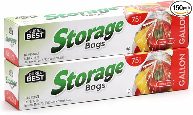1 Gallon Storage Bags with Twist Ties, 150 Count | Large Clear Food Storage Bags for Bread, Fruits, Snacks & Bulk Storage | Leak-Resistant BPA-Free Disposable Plastic Bags | DURRA BEST