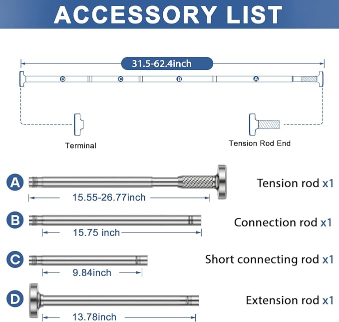 Shower Curtain Rod 32-62Inch Silver Shower Rod Tension Rod Adjustable Curtain Rods no Drilling Tension Curtain Rods for Bathroom,Windows,Closets,Doorway