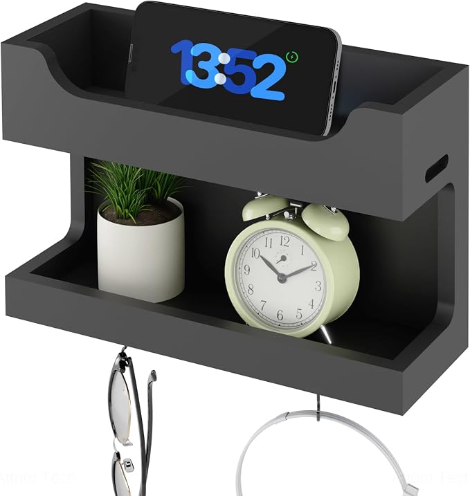 NiHome Bedside Wall Shelf, Wood Organizer, Magnetic Hooks, 2 Tier, Black | Double Layer Tray For Dorm Bedroom, Cable Holes, No Drill Mount RV Wall Caddy, Holds Phone Glasses Remote Clock