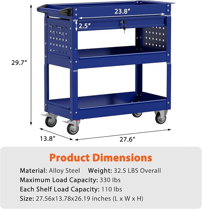 3 Tier Heavy Duty Rolling Tool Cart with Drawers, Large Storage Utility Cart on Wheels for Garage, Warehouse, Repair Shop (Deep Blue)