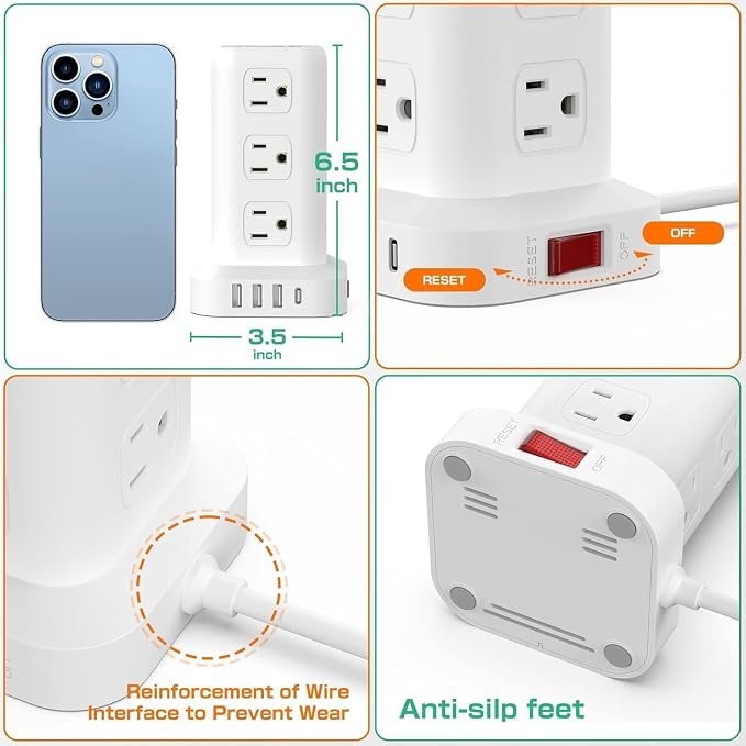 Power Strip with 12 Outlets 4 USB (1 USB C), 16.5Feet Extension Cord with Multiple Outlets, Charging Station, Power Strip Tower, Home Office Desk Supplies