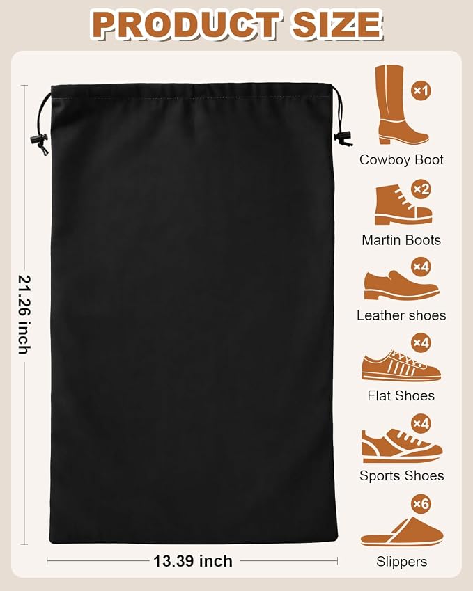 2 Pcs Shoe Bags for Travel, Large Boot Bag, Black Beauty, 21.2x13.3 Inch | Washable & Reusable Travel Shoe Bags, Dustproof Shoe Bags with Drawstring Closure, Suitable for Travel, Home Storage