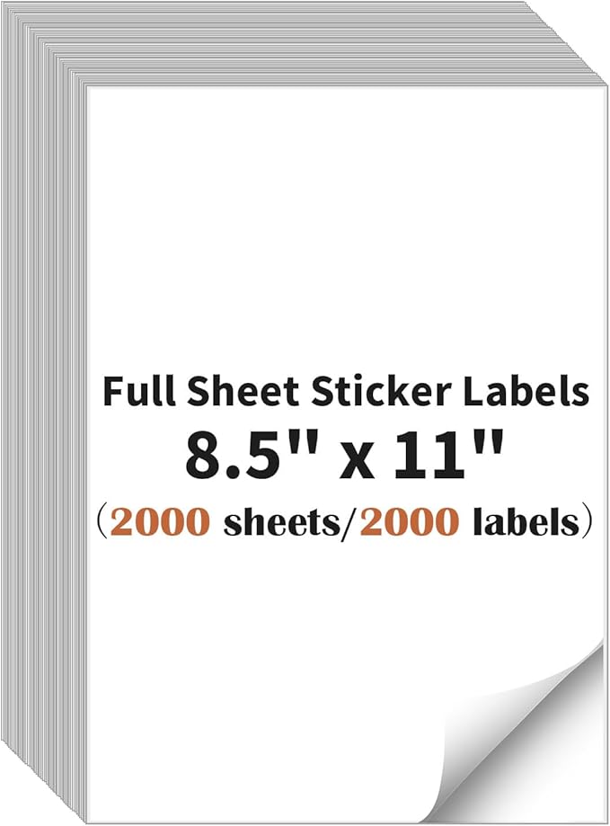 Full Sheet Sticker Label, 8.5" x 11" Shipping Label Paper (2000 Sheets, 2000 Labels), Self Adhesive Full Sheet White Matte Paper, Address Sticker Labels for Laser & Inkjet Printer