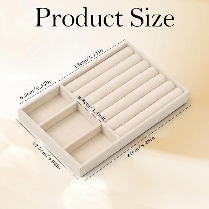 Jewelry Box Insert Organizer for Drawer, Stackable Trays Velvet Jewelry Drawer Inserts, Ring Earring Stud Necklace Holder Display Storage Case(Beige, 8.3 x 4.9in)