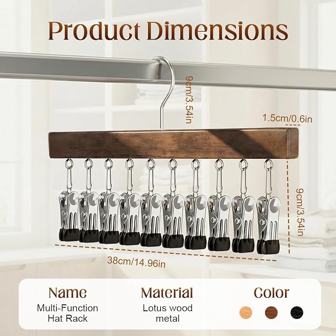 10/12-Clip Wooden Hanging Organizer, Sturdy Rack for Pants, Leggings, Socks, Hats, Scarves, Multi-Purpose Closet Storage for Home Use (1, Retro 12clip)