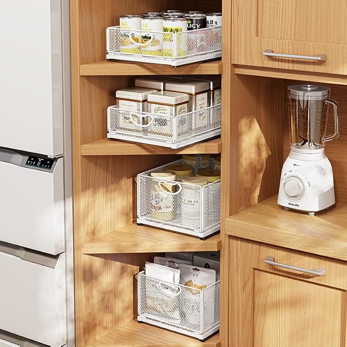 Pull out Cabinet Organizer Fixed with Adhesive Nano Film Heavy Duty Slide out Pantry Shelves Drawer Storage under sink organizer Sliding Mesh Cabinet Basket with Handle for Kitchen (Extra Extended)