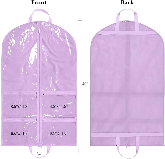 KEEGH 40 inch Clear Garment Bags for Dance Costumes, 6 Pack, Purple | 4 Zipper Pockets, for Dance Competitions, Ballet, Theatre, Dance Garment Bags for Dancers, Hanging Clothes for Closet Storage