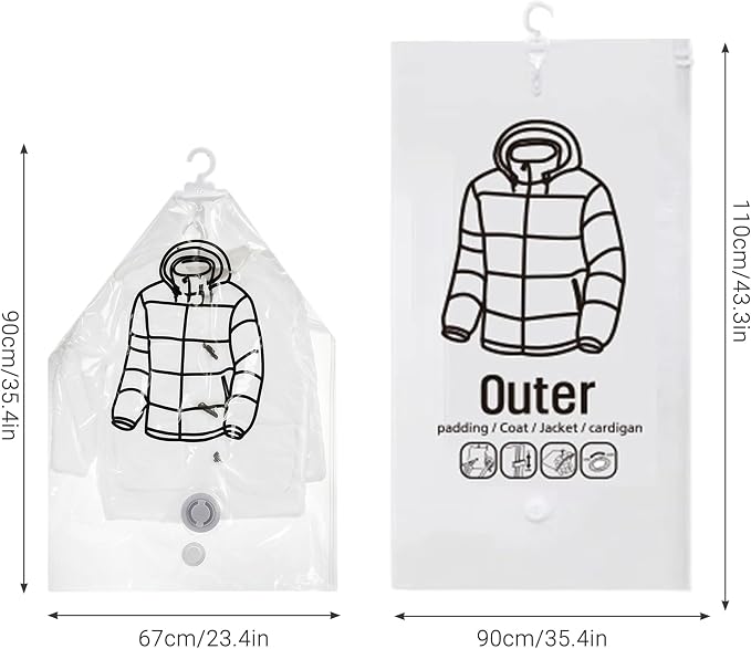 6PCS Hanging Vacuum Storage Bags, Transparent Thick Space Saver Bags, Reusable Compressed for Suits, Dress, Jackets.