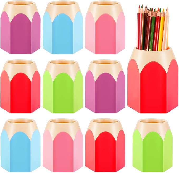 Henoyso 10 Pieces Pencil Shaped Cups for Classroom Pencil Dispenser Bulk Cute Pen Holders Storage Desktop Colorful Makeup Brush Container for Classroom Home Office Supplies, 5 Colors
