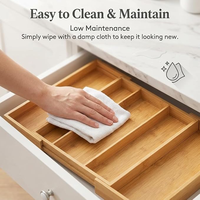 FUSHITON Expandable Bamboo Drawer Organizer, Adjustable Utensil Tray for Knives and Cutlery, Natural Wood Silverware Organizer for Kitchen, Bathroom