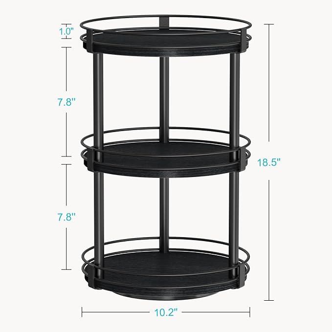 Snughome Lazy Susan Organizer, 3 Tier Rotating Spice Rack for Countertop, Turntable Lazy Susan Kitchen Countertop Organizer, 10.2" x 10.2" x 18.5", Black
