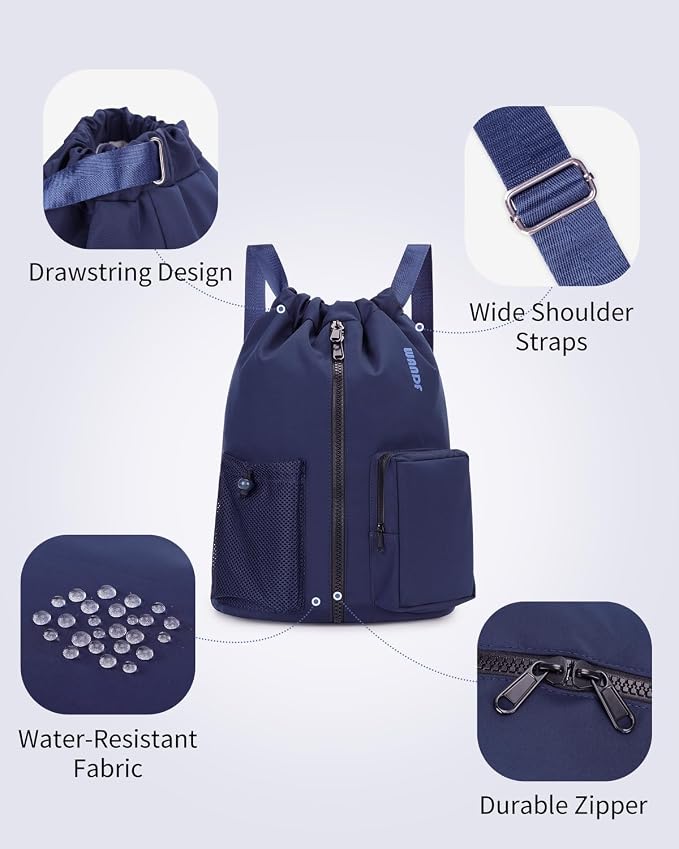 WANDF Drawstring Backpack with Shoe Compartment, Sports Gym Bag | Multi-Pocket Storage, Water-Resistant Fabric, Cinch String Bag