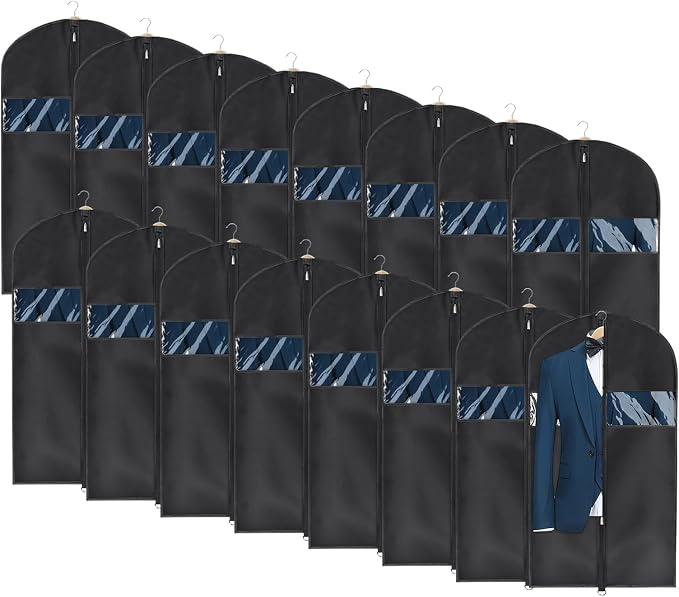Univivi 16 Pack Suit Garment Bag for Men, 40-Inch Suit Cover Bag Garment Bag for Multiple Suits for Closet Storage with Clear Window for Suit Jacket, Skirt, Shirt and Coat, Black, UN0755