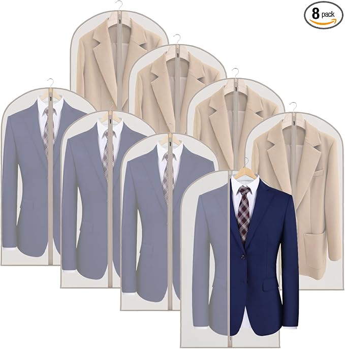 Zilink Suit Bags for Closet Storage and Travel 43" Hanging Storage Bags for Clothes Garment Bags for Storage, T-Shirt, Suits, Coats, Jackets - Beige, 8 Pack