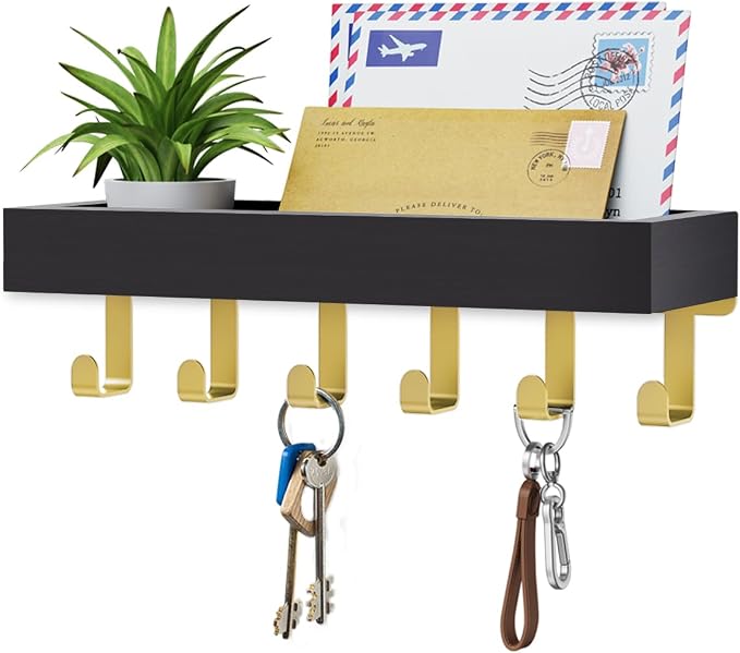 Key Holder Wall Mount Magnetic Adhesive - Key Hooks Rack with shelf | Key Hanger with Mail Organizer for RV Camper Fridge Living Room Decor, Home Essentials, Black Gold