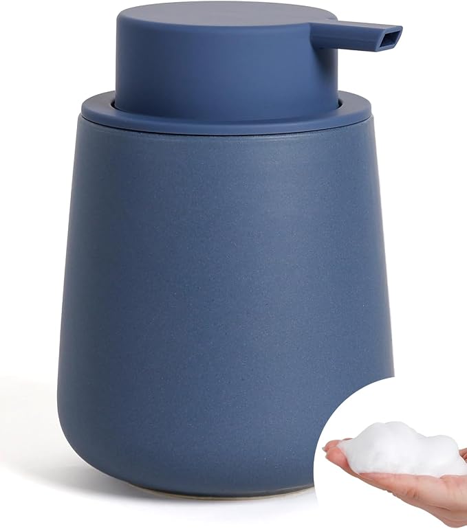 Bosilunlife 12Oz Ceramic Foam Soap Dispenser for Bathroom Kitchen Counter | Premium countertop foam pump creates delicate dense foam, stable desktop placement,Matte Blue