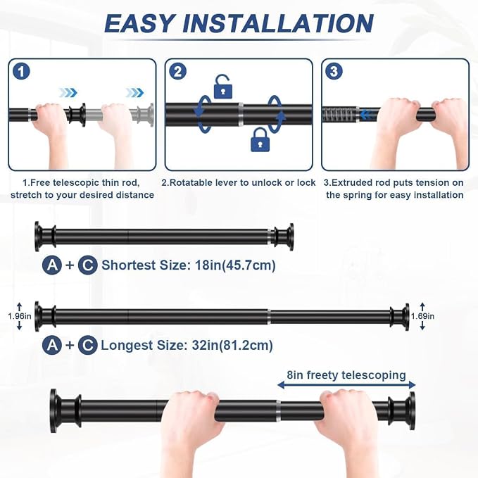 Small Shower Curtain Rod 18-32 In, Black Short Tension Rod | Installs by Spring Tension with No Drilling, Built in Durable Stainless Steel