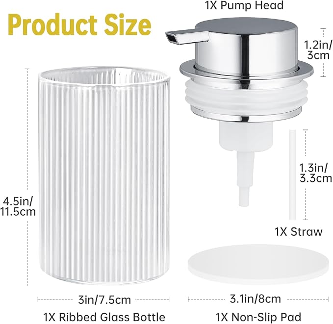 NiHome Foaming Hand Soap Dispenser 14oz Ribbed Glass, Non-Slip Bath Kitchen | Vertical-Ribbed Glass Bottle with Foam Pump and Stable Non-Slip Mat for Bathrooms and Kitchens
