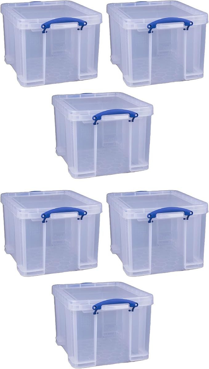 Really Useful Box 32 Liters Storage Bin Container with Snap Lid and Clip Lock Handles for Lidded Home and Office Storage Organization, 6 Pack
